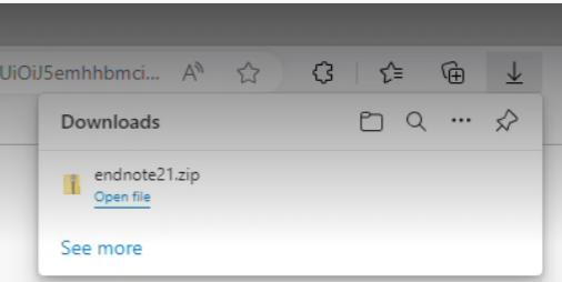 A Downloads folder containing a file titled endnote21.zip and link to open file