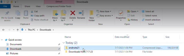 A Windows Downloads folder showing the endnote21 zip file having been downloaded today