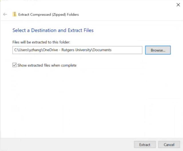 Windows prompt to select a destination and extract files, which includes a browse function for selecting a destination folder and a checkbox to specify whether to show extracted files when complete.