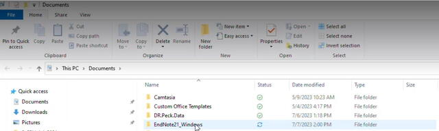 Documents folder that contains a folder titled "EndNote21_Windows"