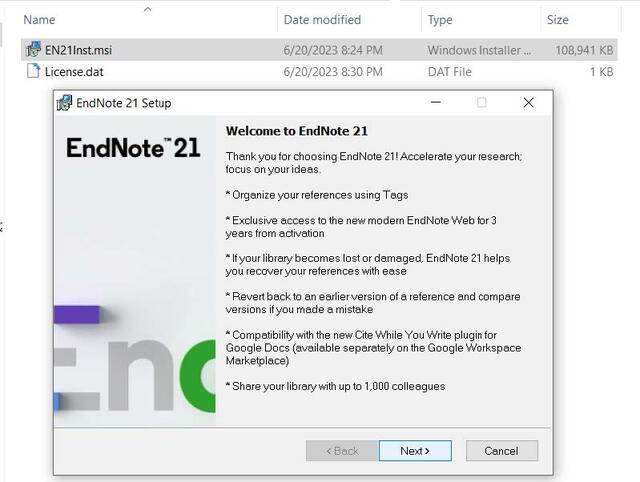The first screen of the EndNote 21 Installation Process, which starts with Welcome to EndNote 21, describes some of the software features, and provides buttons at the bottom for users to navigate to the next screen or cancel the install.