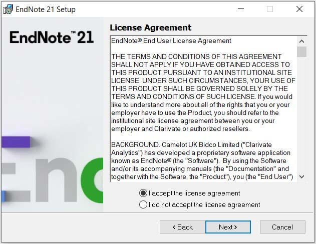 EndNote 21 License Agreement term with radio button selection to accept or not accept the agreement and ability to go Back, Next or Cancel installation 