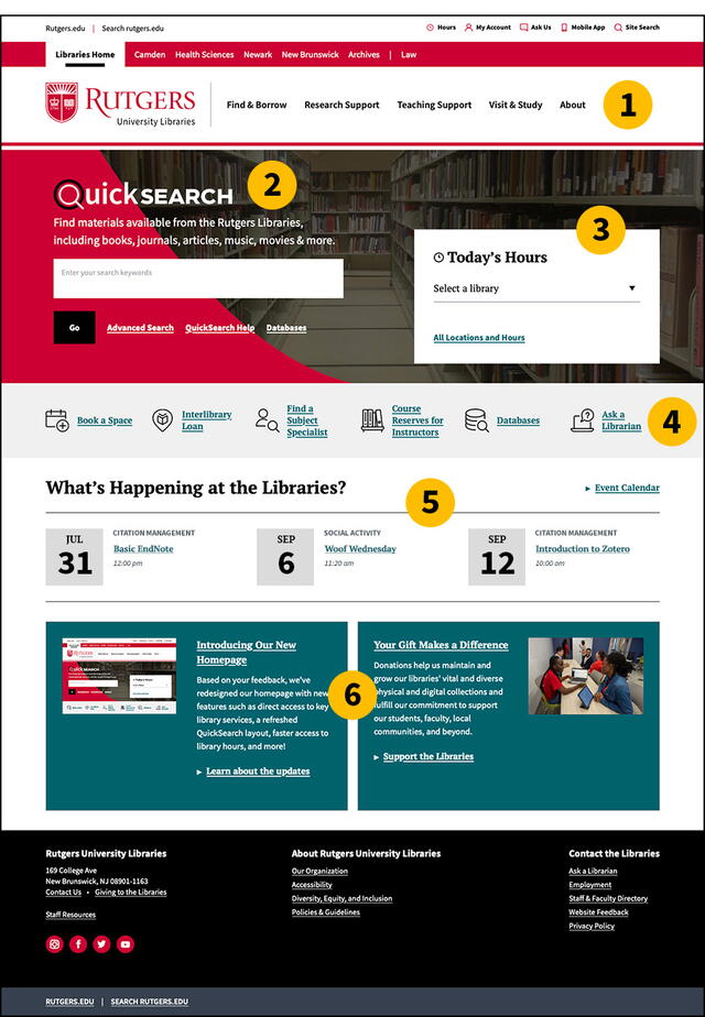 Screenshot of new Libraries website homepage with numbers over various sections