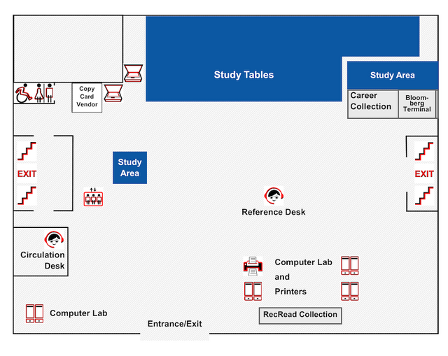 Map of main floor of Carr Library. Includes the Circulation and Reference Desks, study areas and tables, wheelchair-accessible bathroom, computer lab and printers, the RecRead Collection, and entrances and exits.