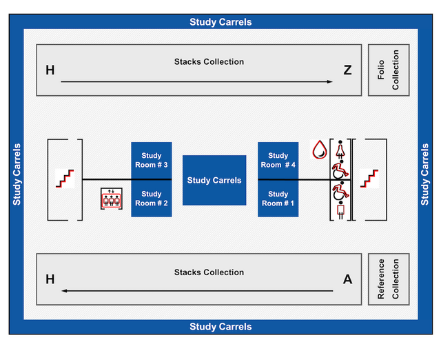 Map of second floor of Carr Library. Includes the the Stacks Collection, four study rooms and study carrels in the center of the floor, wheelchair-accessible bathrooms, stairs and elevators, Reference and Folio Collections, and a water fountain. 