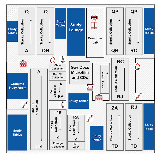Map of second floor of LSM. Includes Gov Docs Microfilm and CDs in the center of the floor, a Graduate Study room, Computer Lab, Study Lounge, multiple Study Tables, and markings for stairs, elevators, printers, restrooms, and water fountains.