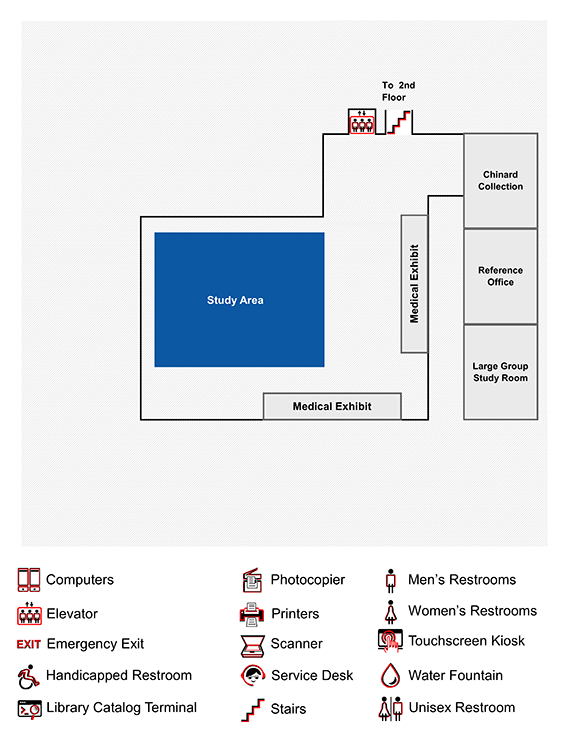 Floor plan of Smith Library third floor. This floor includes The Chinard Collection, Medical Exhibits, the Reference Office, a large group study room, and an open study area. Stairs and an elevator are available. A legend is attached to this photo.