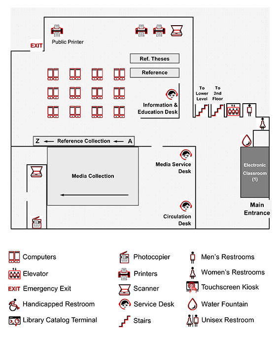 Floor plan of Smith Library main floor. This floor includes the main entrance, public printers, Media Service, Circulation, Reference, and Information and Education Desks. There are also computers and an electronic classroom on this floor, as well as stairs to the lower and second levels. A legend is attached to this photo.