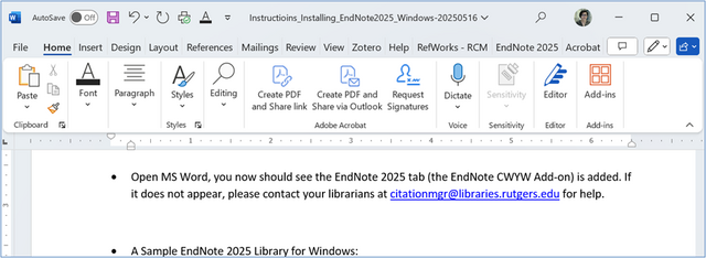 MS WOrd with Endnote tab