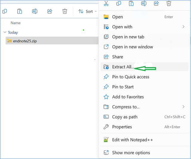 Windows Explorer, right click menu with Extract all noted