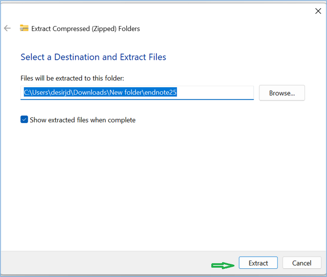 Desination folder for extracted files