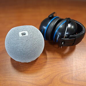 Contents of a Robeson Library auditory kit that includes a set of headphones, a speaker, and a USB-C charger