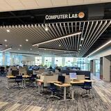Tables of computer workstations in the Digital Learning Center Computer Lab at Alexander Library
