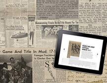 Image of an electronic tablet on top of historic newspapers. 