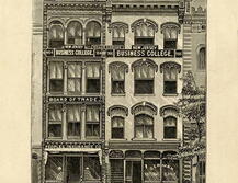 Engraving of two buildings, the People's Insurance Co and the NJ Business College