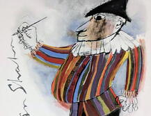 Painting of a jester in striped shirt