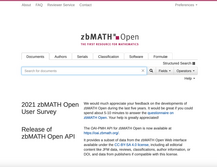 Screenshot of the zbMATH Open database homepage